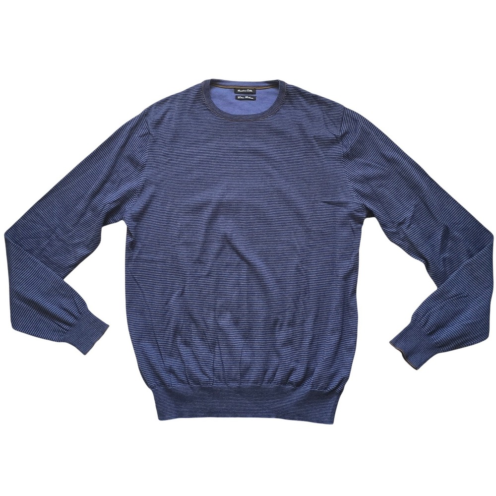 Massimo Dutti Mens Large 40 Blue Cotton Cashmere Striped Crew Neck Sweater - Picture 4 of 8